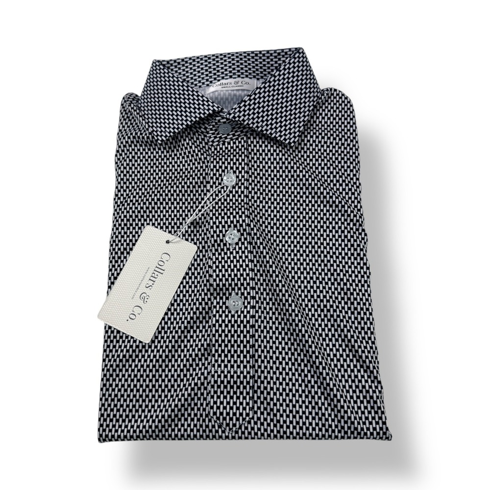 Collars & Co. Mens Small Dress Collar Polo Shirt Black White Geometric Print NWT